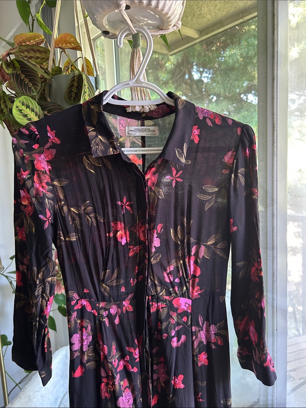 Zara Black Long-Sleeve Floral Button Dress with pockets